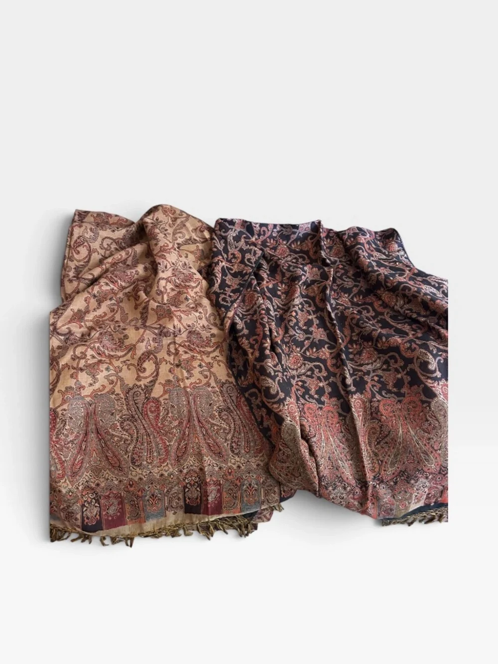 Garnet Hill Paisley 100% wool reversible pair drapes 42x84 fringe trim